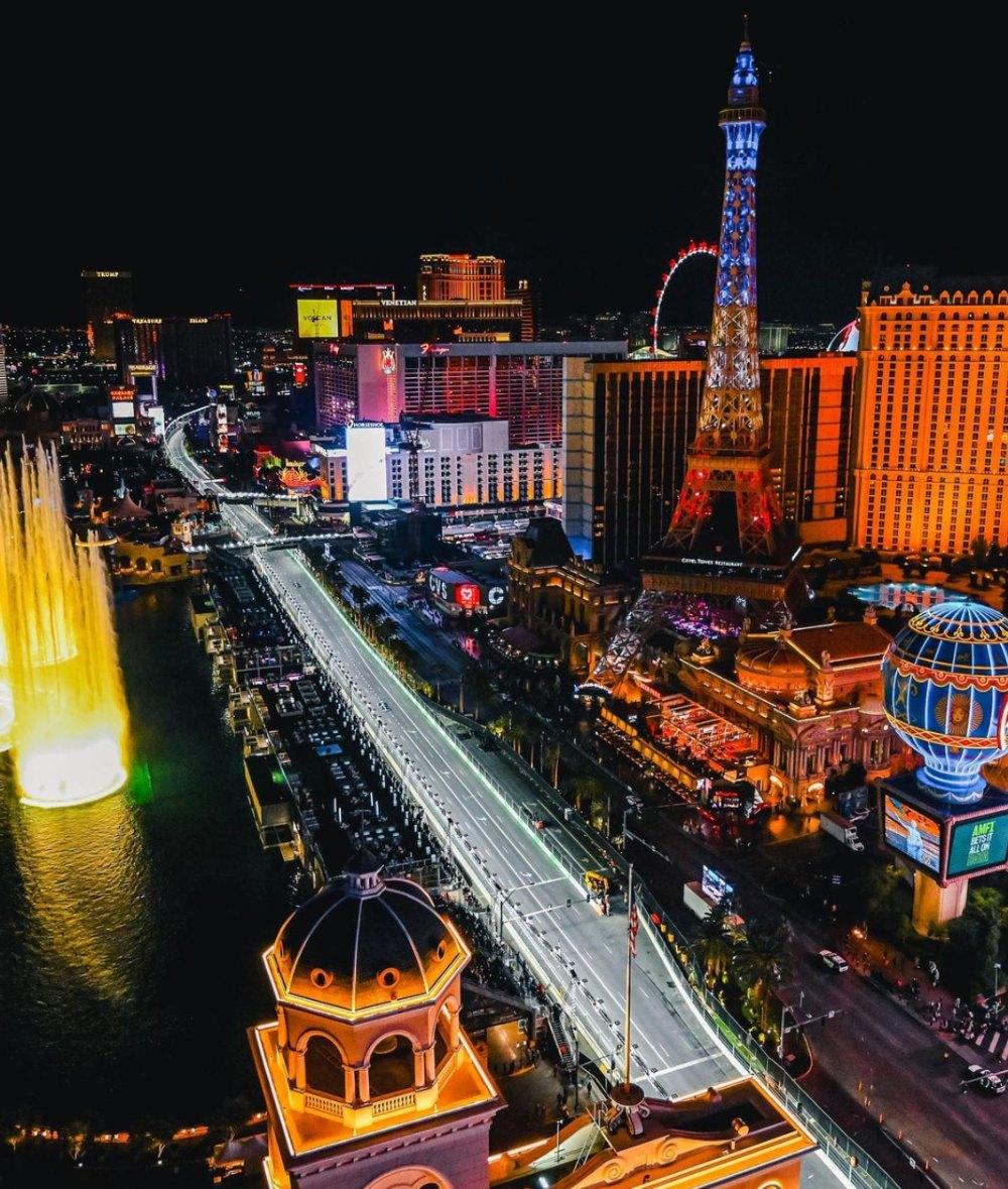 Aerial view of the Las Vegas Strip at night with the closed street circuit running past the Bellagio fountains