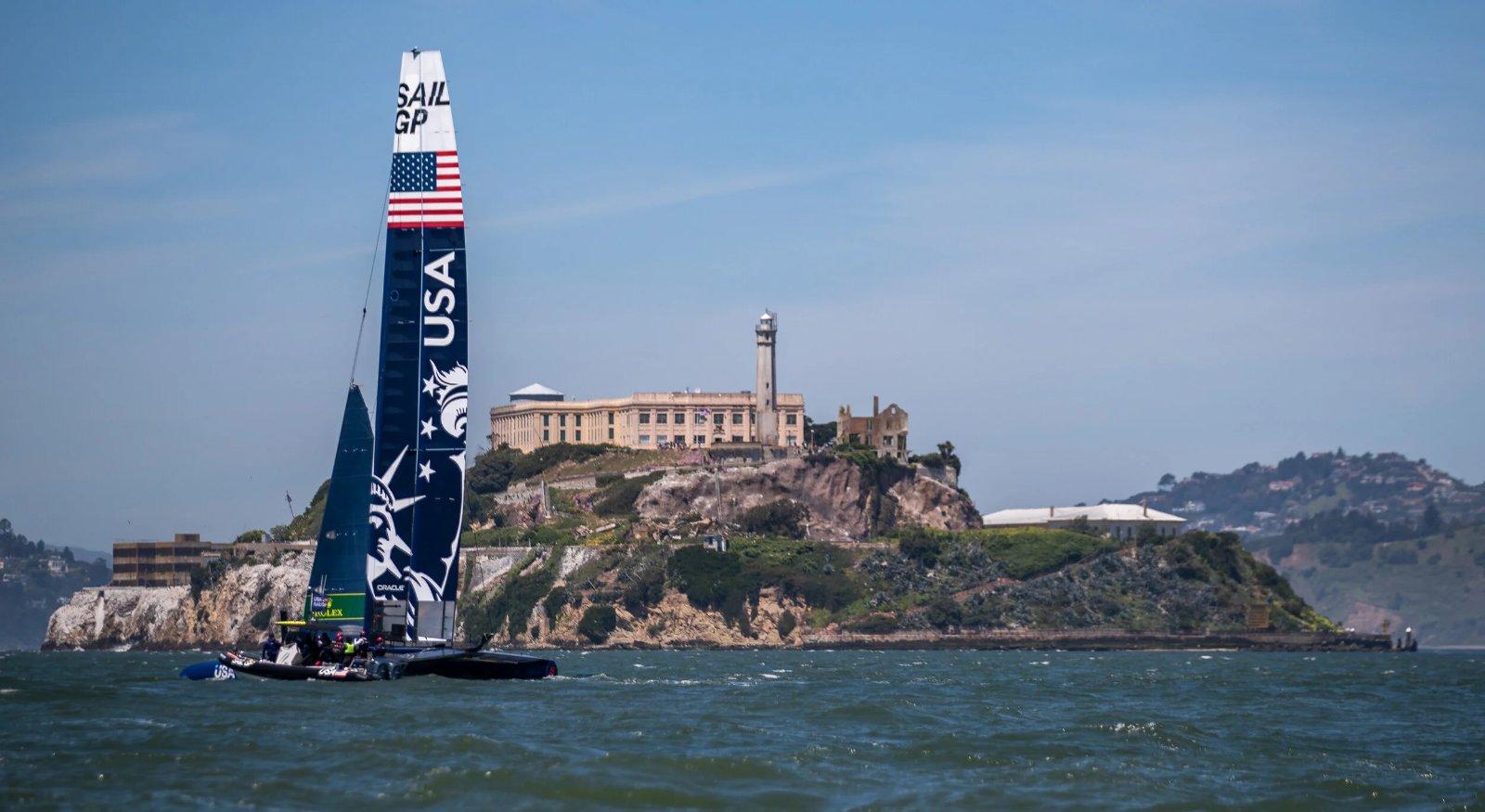 USA F50 racing past Alcatraz on San Francisco Bay
