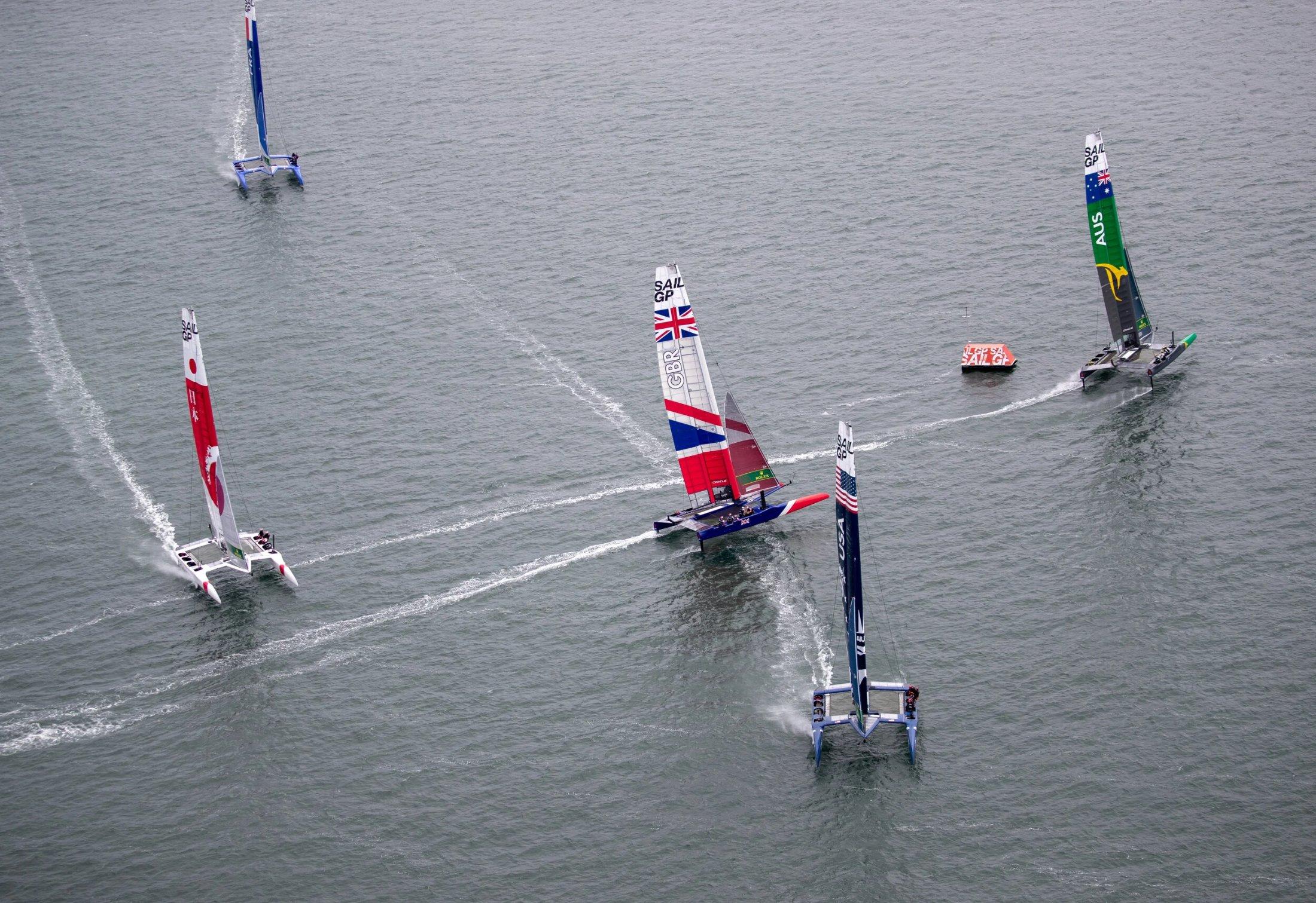 Aerial view of the SailGP F50 fleet racing on San Francisco Bay