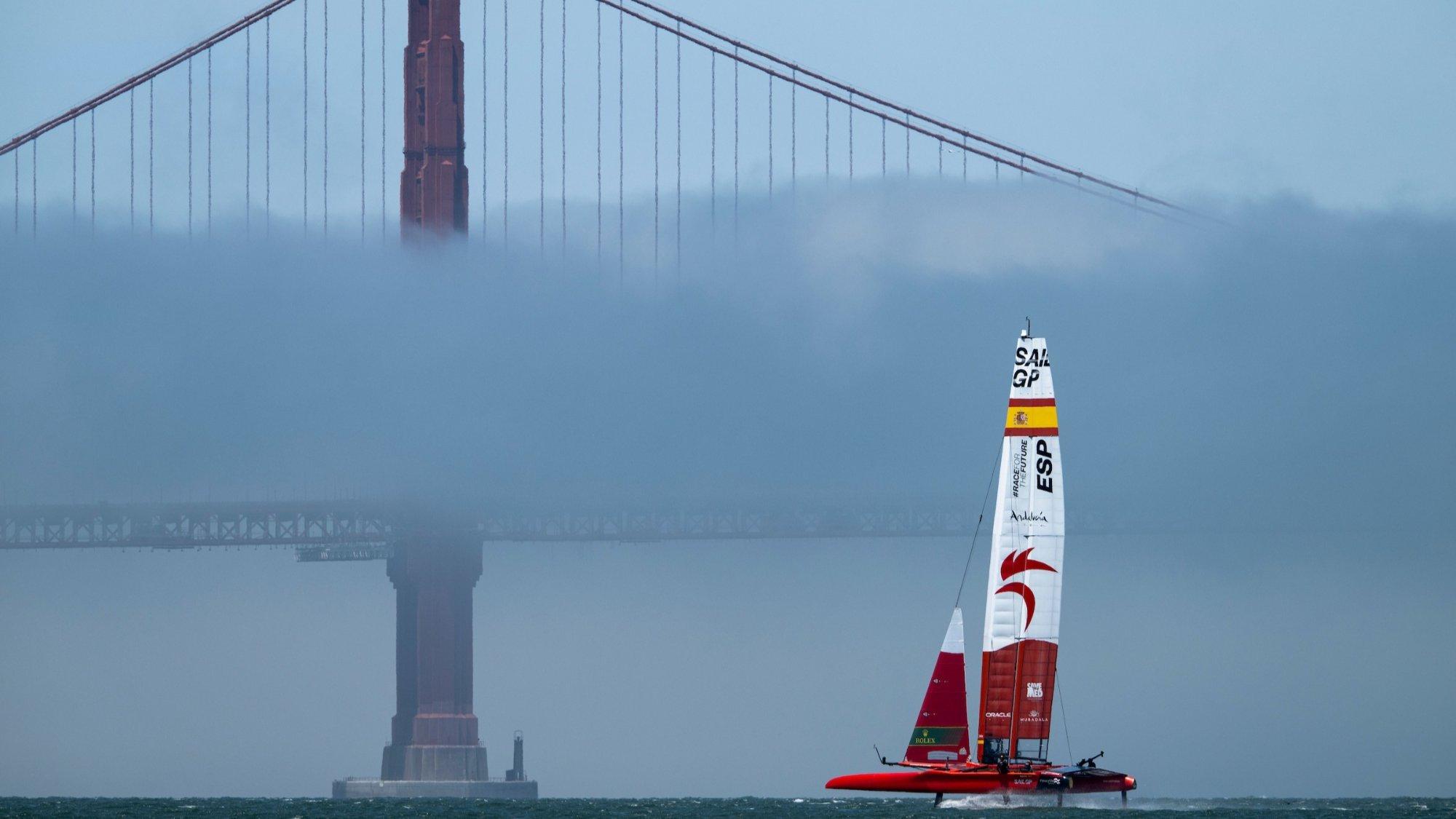 SailGP racing beneath the Golden Gate Bridge